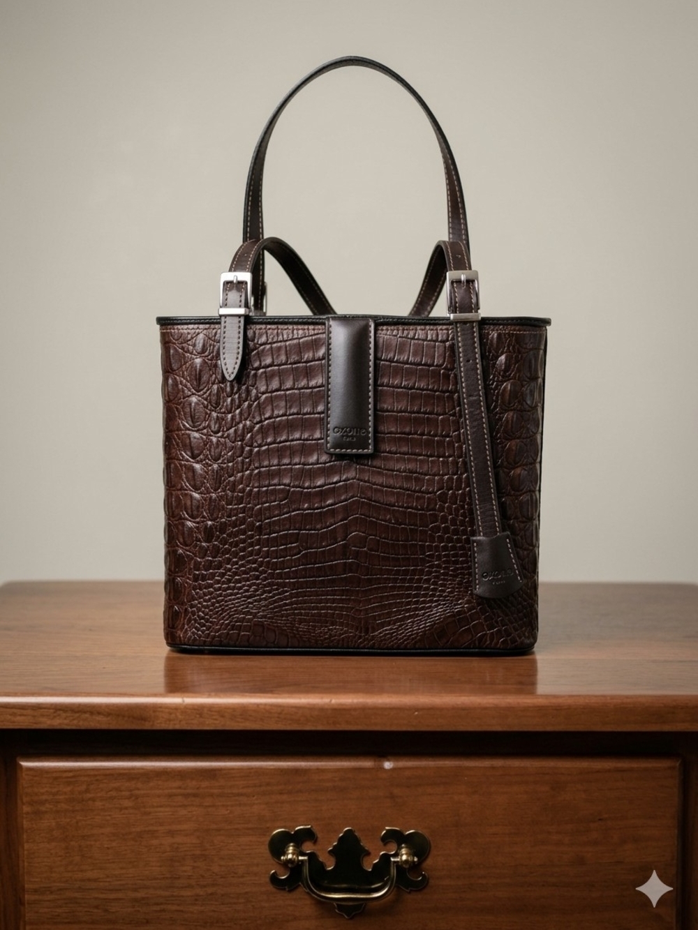 Oxône Paris Croc-Embossed Leather Square Bag in Dark Brown